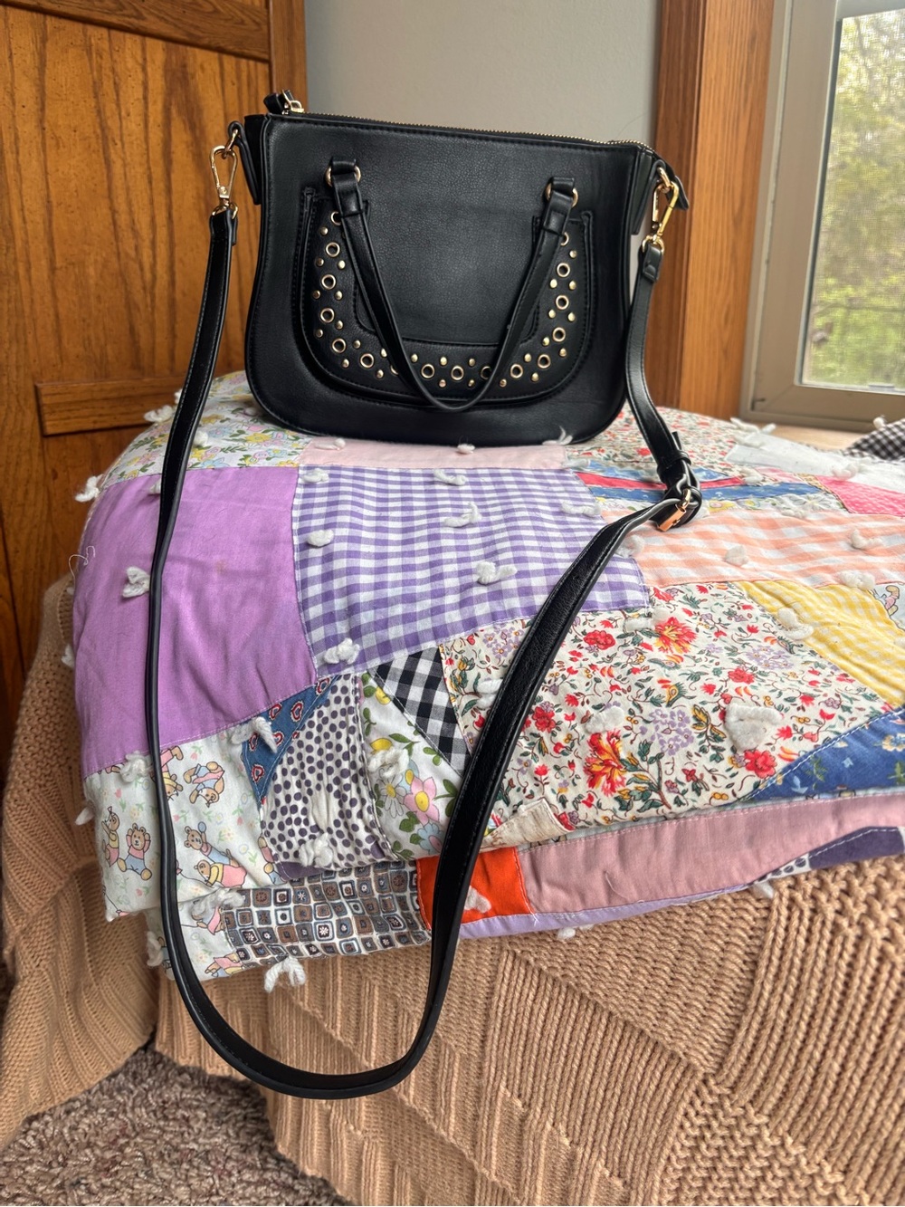 Black Women's Crossbody Bag with Gold Stud Accents